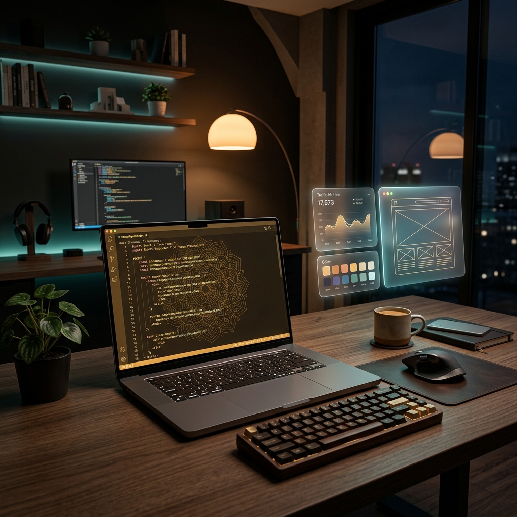 AI generated digital website design workspace with abstract website interface panels